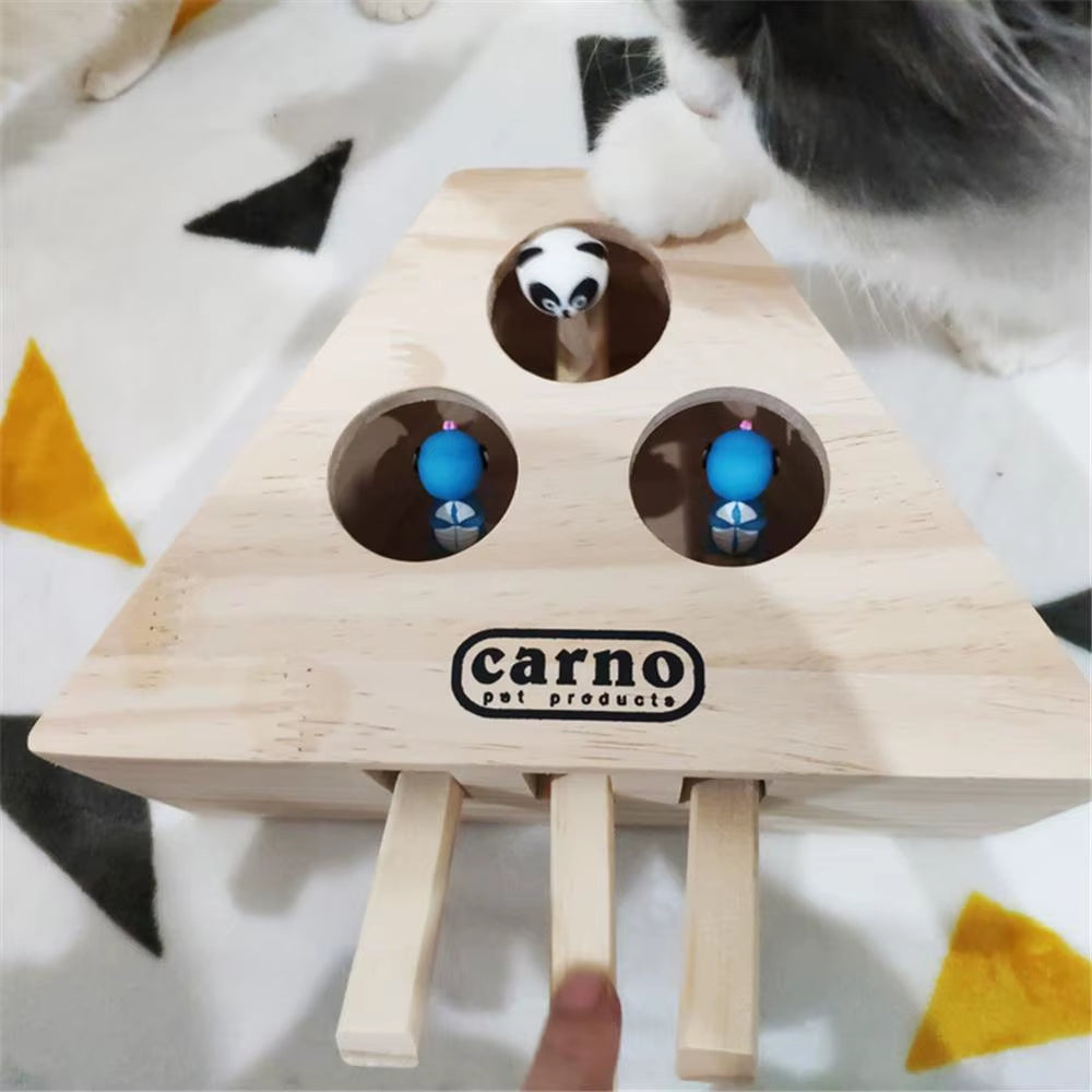 Cat Hunt Toy Chase Mouse Solid Wooden Interactive Maze Pet Hit Hamster with 3/5-Holed Mouse Hole Catch Bite Catnip Funny Toy