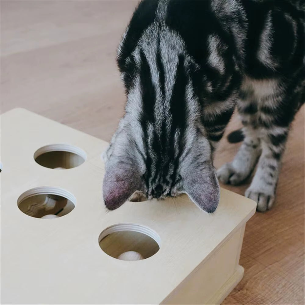 Cat Hunt Toy Chase Mouse Solid Wooden Interactive Maze Pet Hit Hamster with 3/5-Holed Mouse Hole Catch Bite Catnip Funny Toy