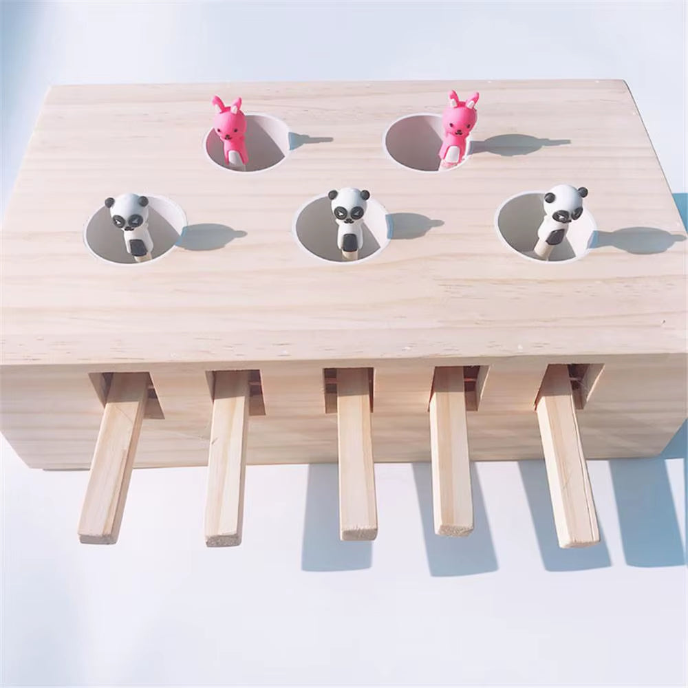 Cat Hunt Toy Chase Mouse Solid Wooden Interactive Maze Pet Hit Hamster with 3/5-Holed Mouse Hole Catch Bite Catnip Funny Toy