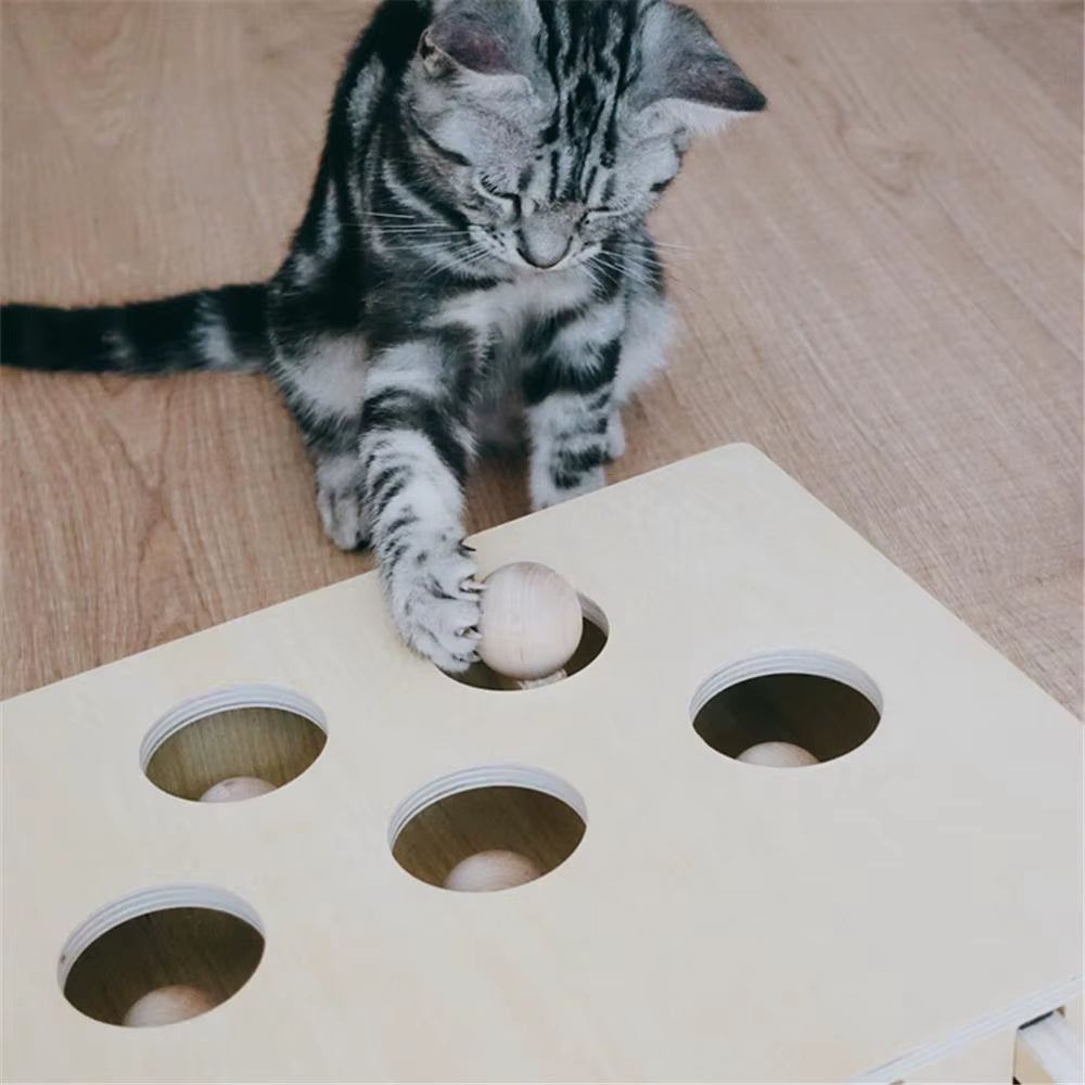 Cat Hunt Toy Chase Mouse Solid Wooden Interactive Maze Pet Hit Hamster with 3/5-Holed Mouse Hole Catch Bite Catnip Funny Toy