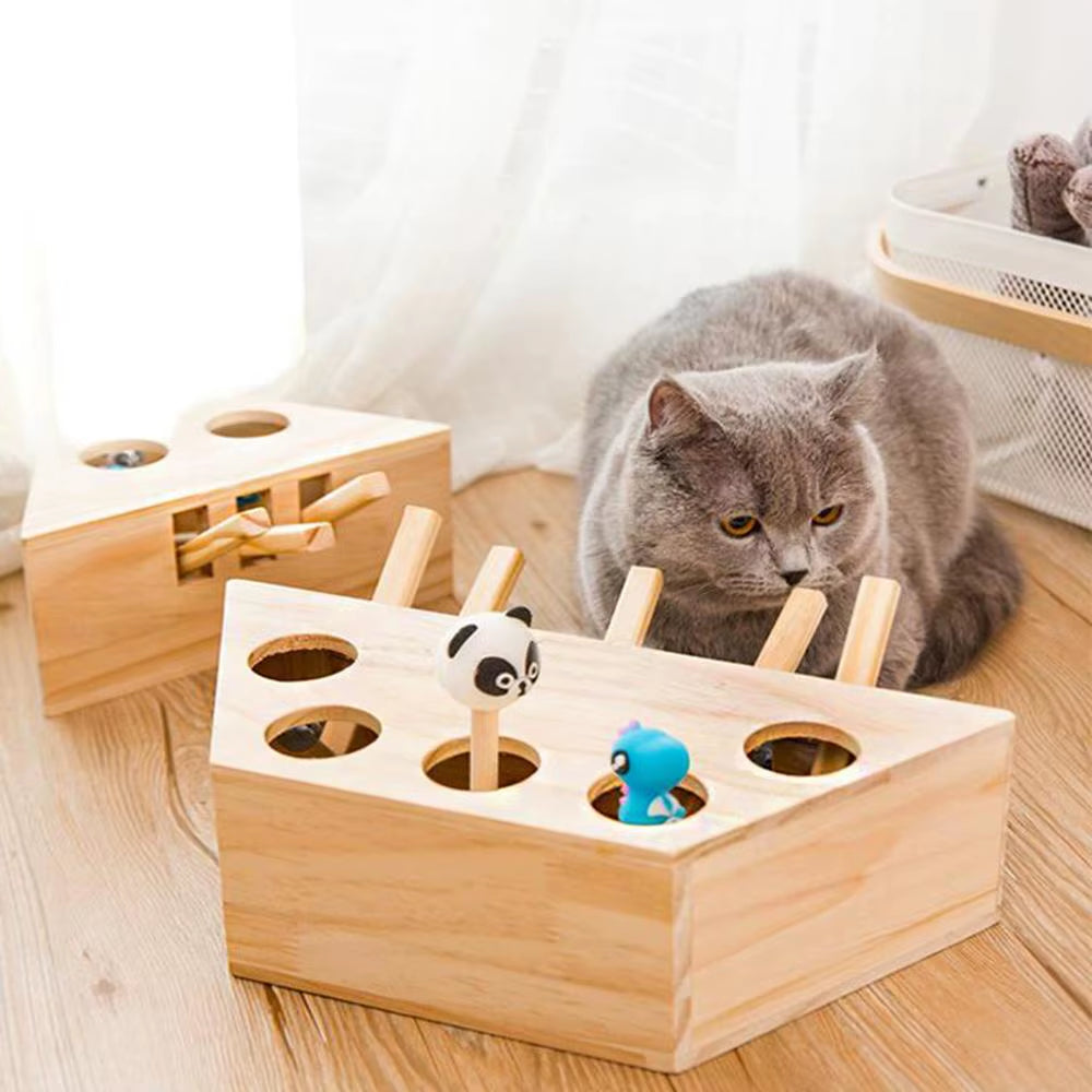 Cat Hunt Toy Chase Mouse Solid Wooden Interactive Maze Pet Hit Hamster with 3/5-Holed Mouse Hole Catch Bite Catnip Funny Toy